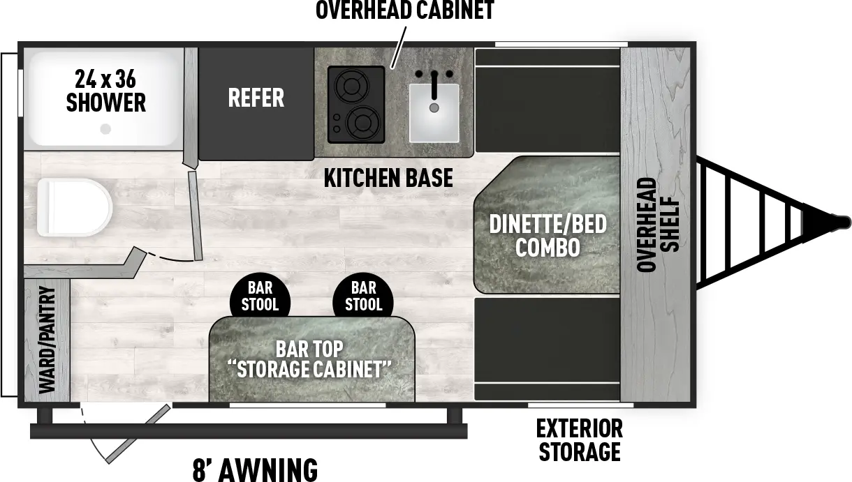 The 14CR has zero slideouts and one entry. Exterior features storage and 8 foot awning. Interior layout front to back: dinette/bed combo with overhead shelf; off-door side kitchen base with overhead cabinet and refrigerator; door-side bar top "storage cabinet" with bar stools, entry, and rear wardrobe/pantry; rear off-door side toilet and shower.